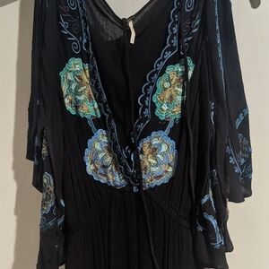 FP Movement by Free People Black Blouse with Blue and Gold Embroidery